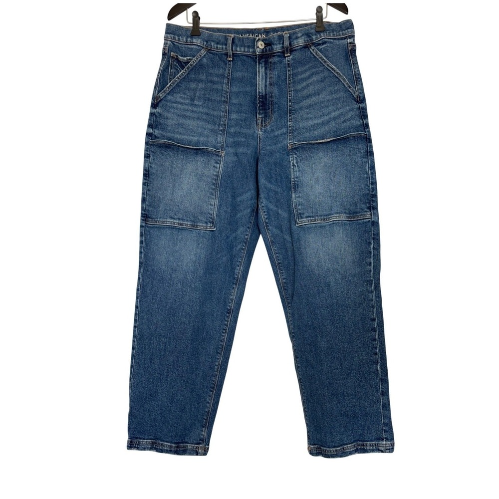 American‎ Eagle Super High-Rise Baggy Straight Jeans Blue Stretch Utility 16 Reg